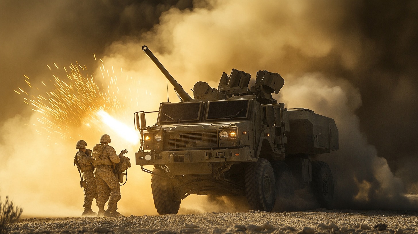 Soldiers operating an advanced military vehicle firing a projectile amidst clouds of dust and sparks during a military operation