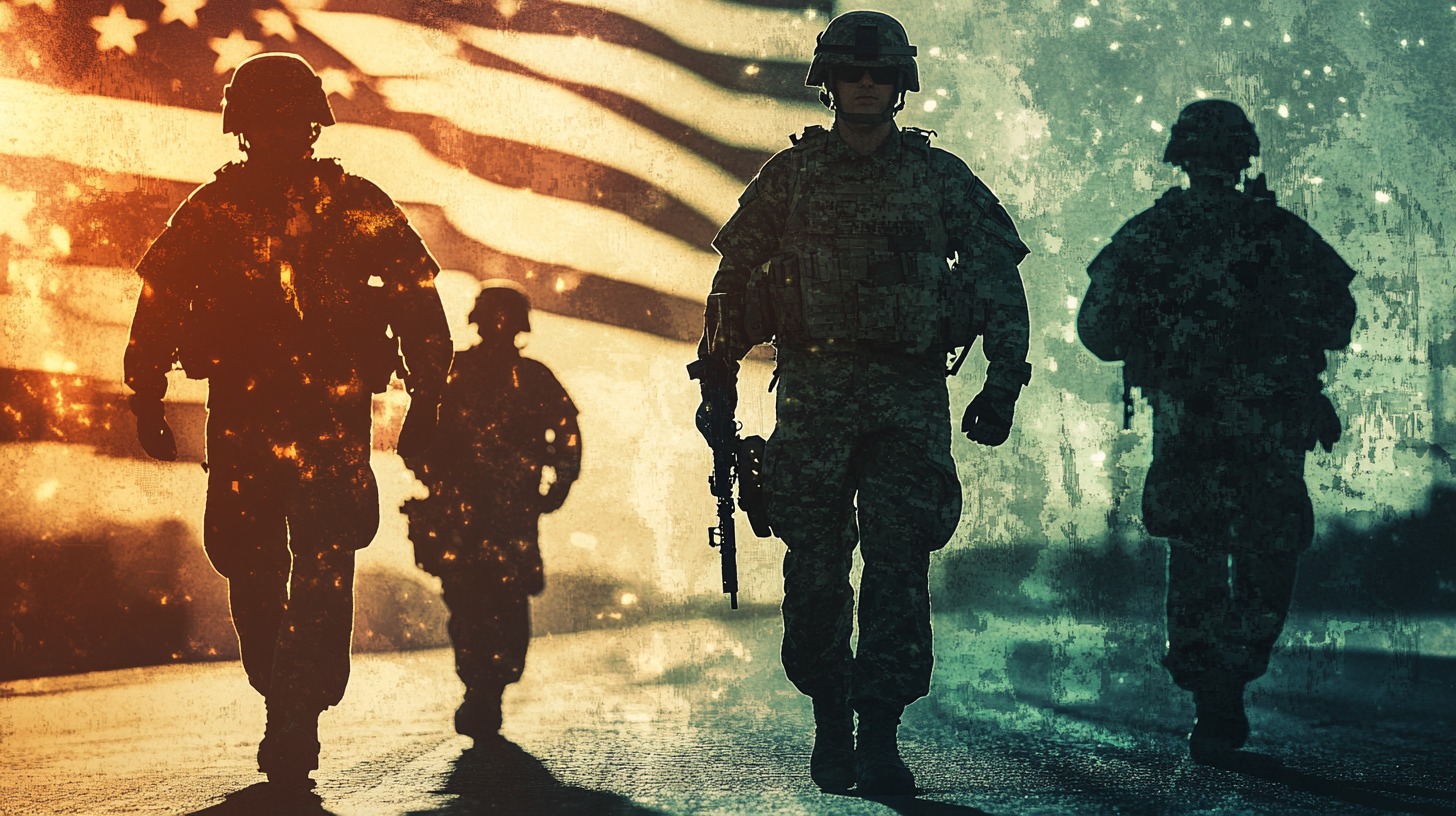 Silhouetted soldiers walking in front of a textured background featuring the U.S. flag, symbolizing service and dedication