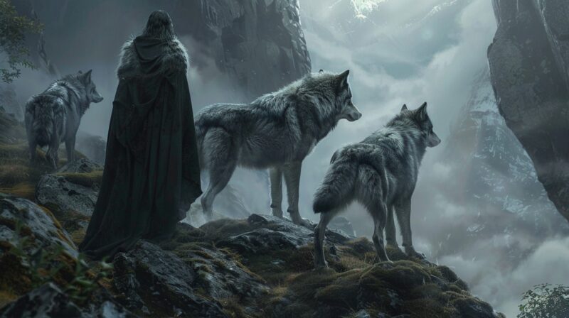 Fantasy photo of a viking with his wolvees on a mountain - Norse Mythology