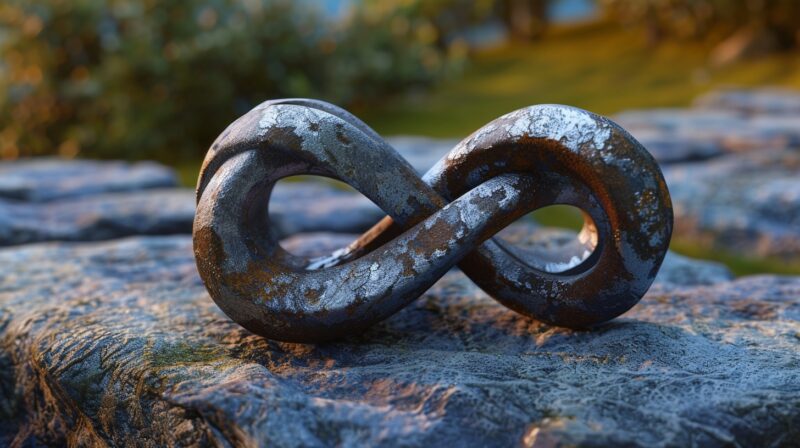 infinity symbol from metal that is rusting on a rock in nature