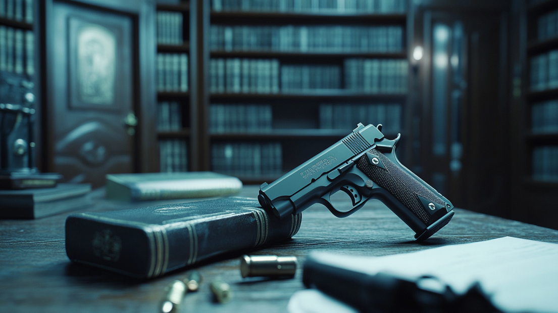 A Handgun Sits on A Lawyer’s Desk, with Legal Books in The Background, Highlighting the Work of Chicago Wrongful Death Attorneys in Gun Cases