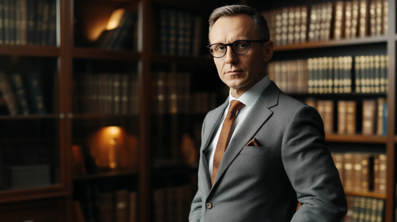 A Professional Attorney in A Suit Stands in A Library