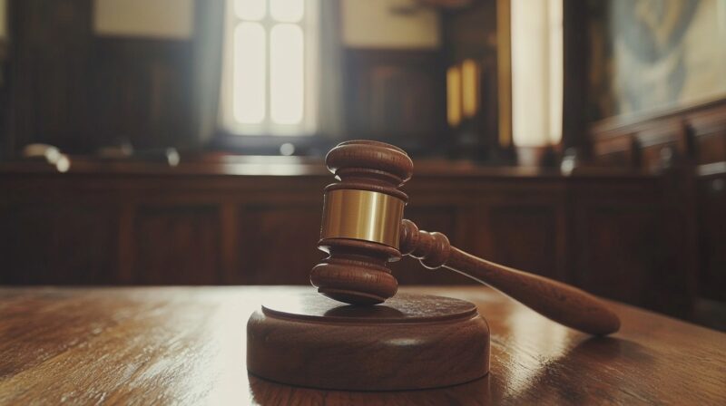 wooden judge's gavel on a courtroom desk with sunlight streaming through a window in the background