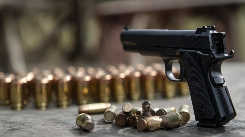 close-up of a handgun on a wooden surface with scattered ammunition in the foreground. The image emphasizes the importance of firearm maintenance