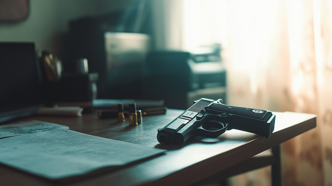 A Handgun and Bullets Are Laid out On a Desk, Symbolizing Potential Legal Issues Related to Gun Possession Charges After a DUI Arrest in Glendale