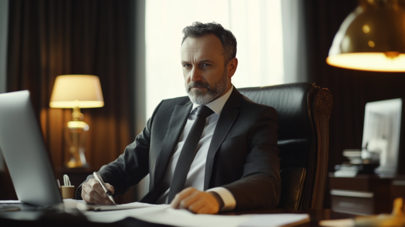 Serious Lawyer Reviewing Documents at His Desk, Focused on Protecting Client Rights in A Bus Accident Involving a Firearm