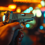 A Close-Up of A Handgun Held in A Person's Hand, with Bright Casino Lights in The Background, Illustrating Nevada’s Concealed Carry Regulations