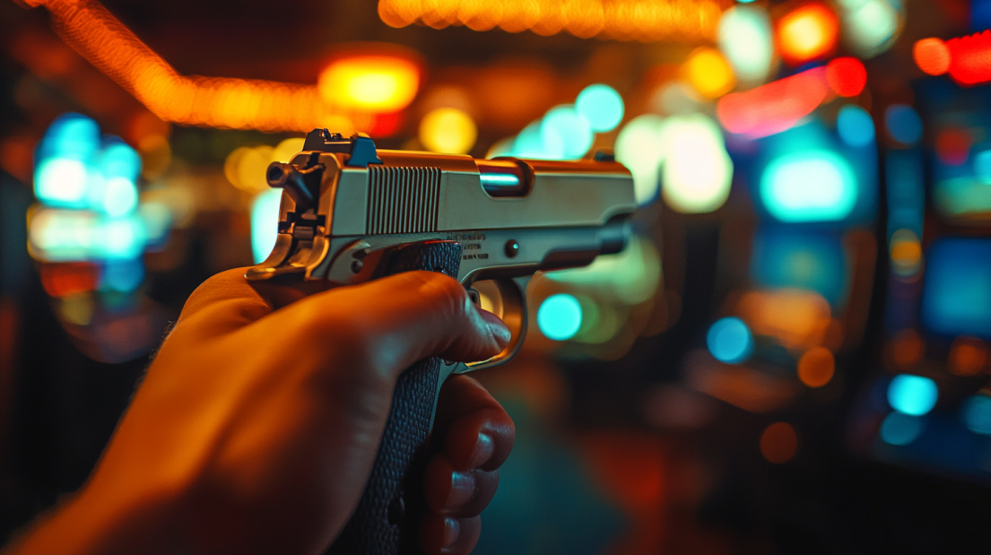 A Close-Up of A Handgun Held in A Person's Hand, with Bright Casino Lights in The Background, Illustrating Nevada’s Concealed Carry Regulations