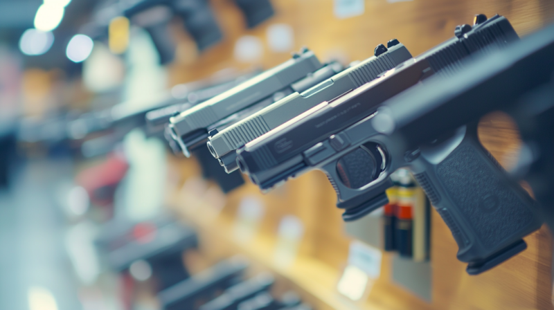 A Row of Handguns Displayed on A Shelf in A Store, Highlighting the Potential Risks when Buying Firearms Online versus In-Store