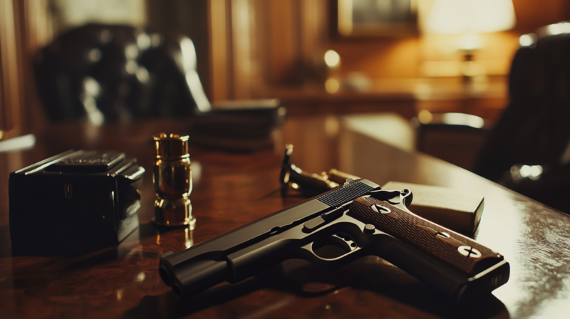 A Handgun Lies on A Polished Office Desk, Symbolizing the Role of Legal Action in Preventing Future Gun Violence