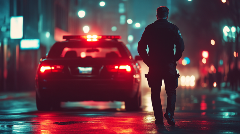 A Police Officer Approaches a Vehicle at Night