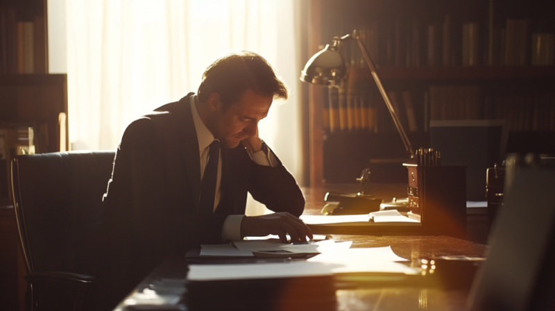 A Lawyer Reviews Documents at His Desk