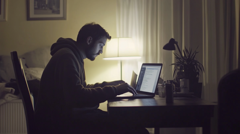 A Man Sits at A Table in A Dim Room, Looking at His Laptop While Buying Firearms Online