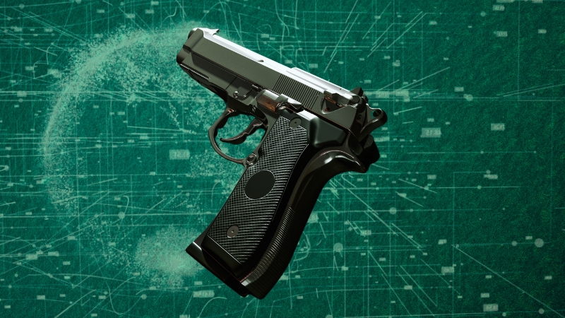 A Close-Up of A Black Semi-Automatic Pistol Set Against a Digital Background