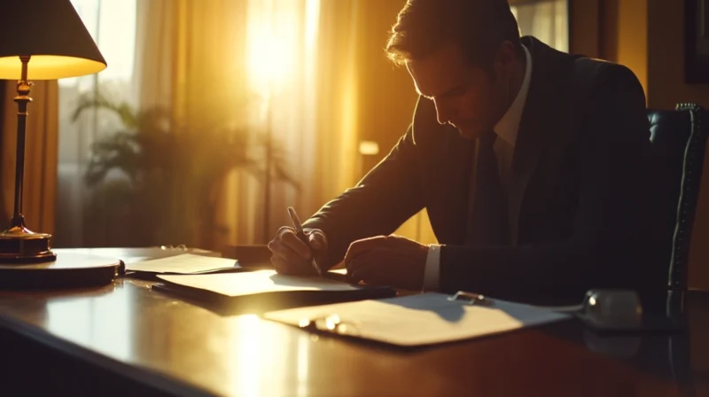 Lawyer Working Diligently at His Desk, Preparing Documents for A Bus Accident Case Involving a Firearm