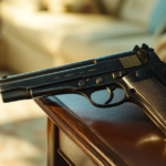 Handgun Resting on A Wooden Table in A Softly Lit Room