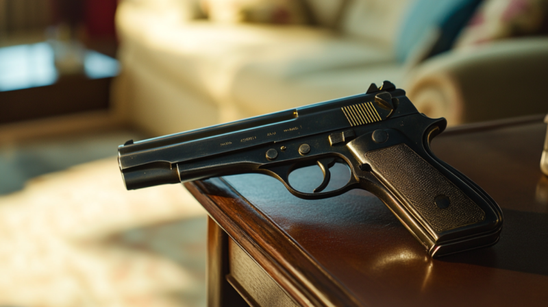 Handgun Resting on A Wooden Table in A Softly Lit Room