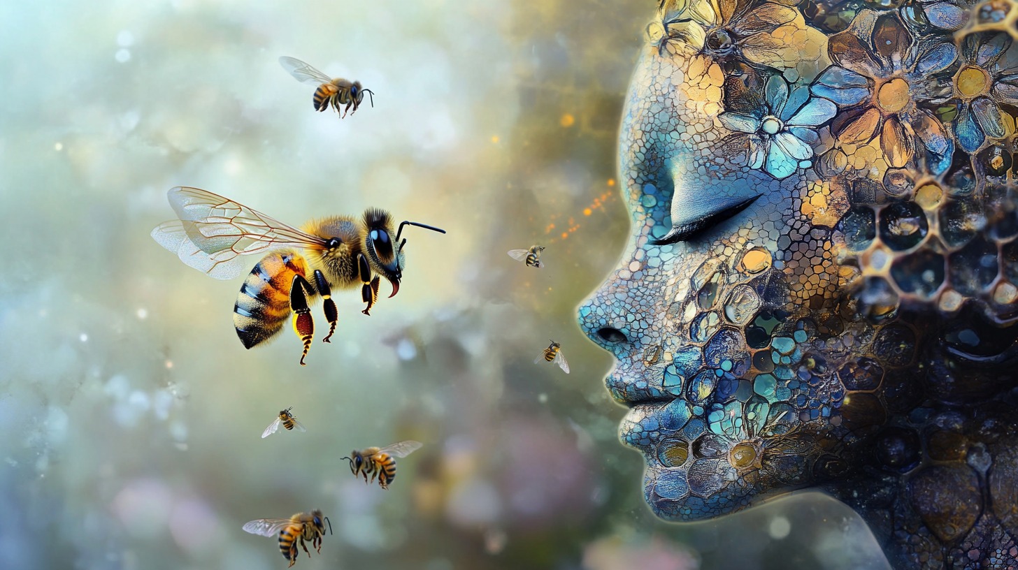 Woman’s face adorned with floral patterns and honeycomb, surrounded by bees, symbolizing the connection between humans and nature