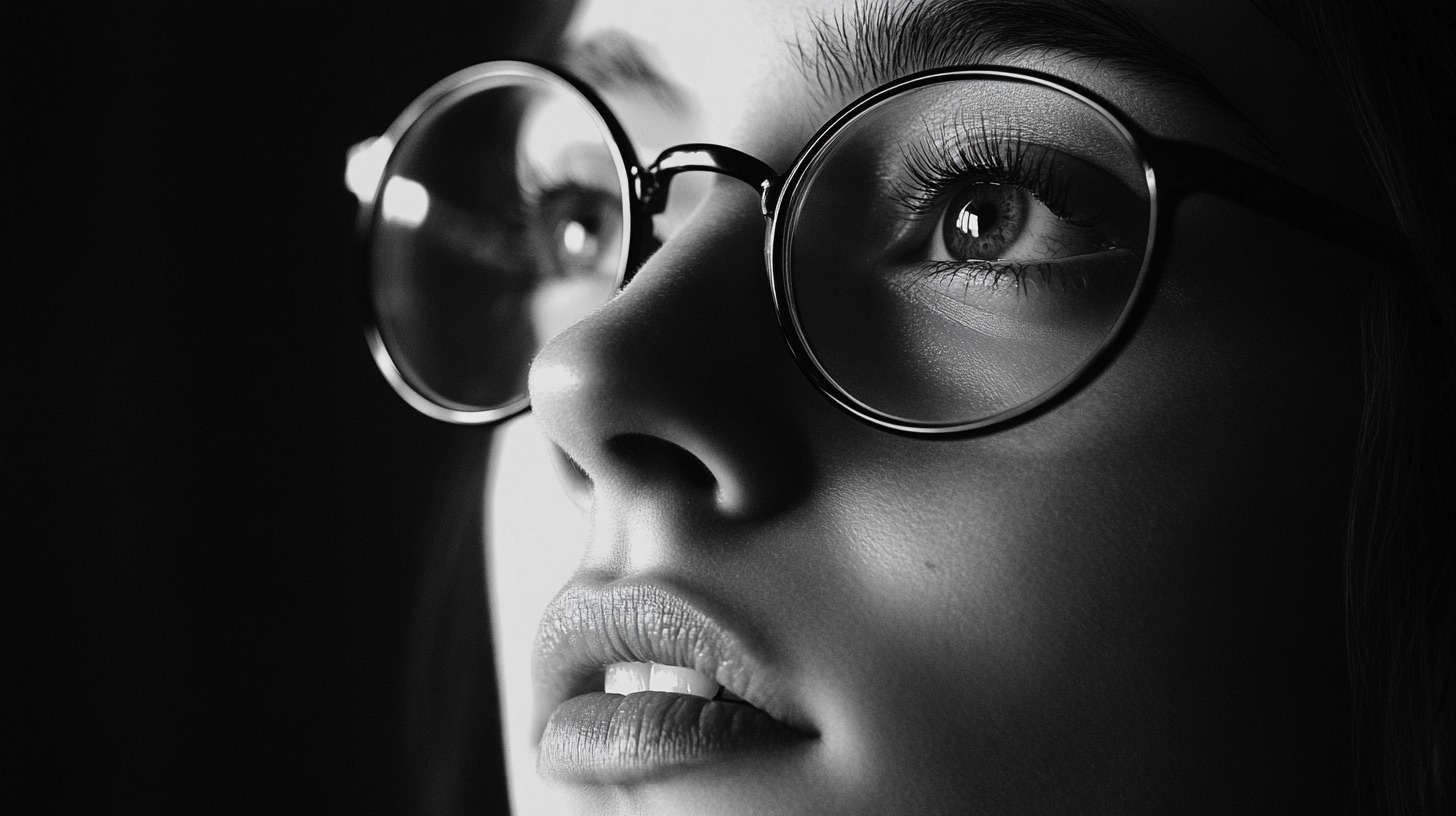 Young woman's face with glasses, highlighting her thoughtful expression and bright eyes against a dark background