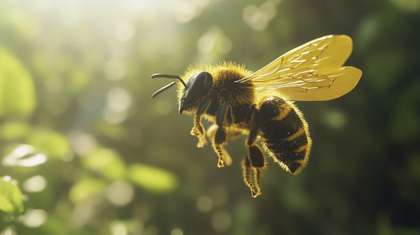 Bee hovering against a softly blurred background filled with green foliage and warm sunlight