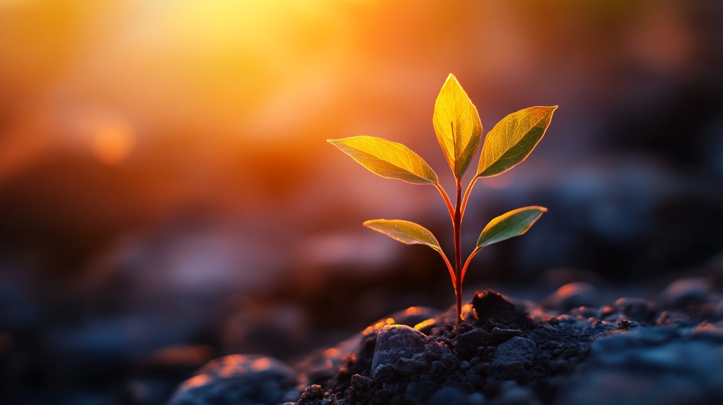 Young green plant with vibrant leaves emerging from dark soil, illuminated by warm sunlight