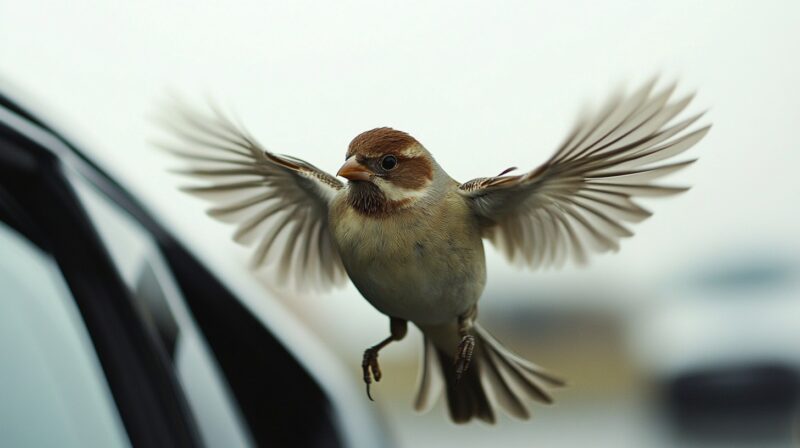 Close-up image of a sparrow in mid-flight with its wings spread, as it approaches a car.