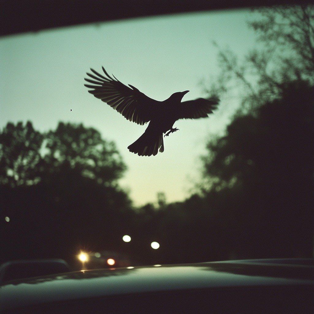 silhouette of a bird in flight against a twilight sky, captured through the windshield of a car, with blurred trees and distant lights in the background, symbolizing freedom and spiritual messages