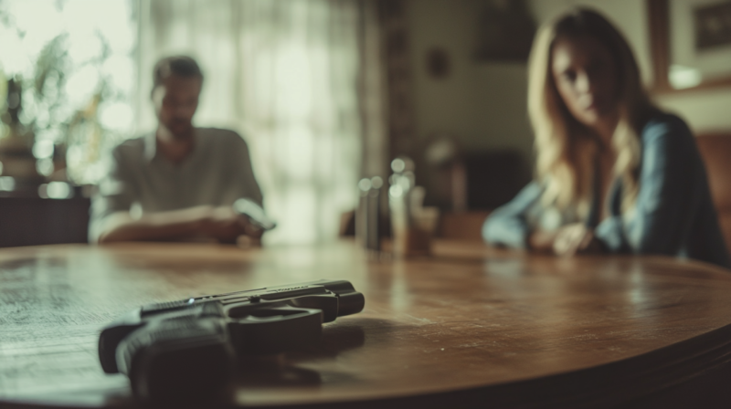 A Handgun Sits on A Table with A Couple in The Background