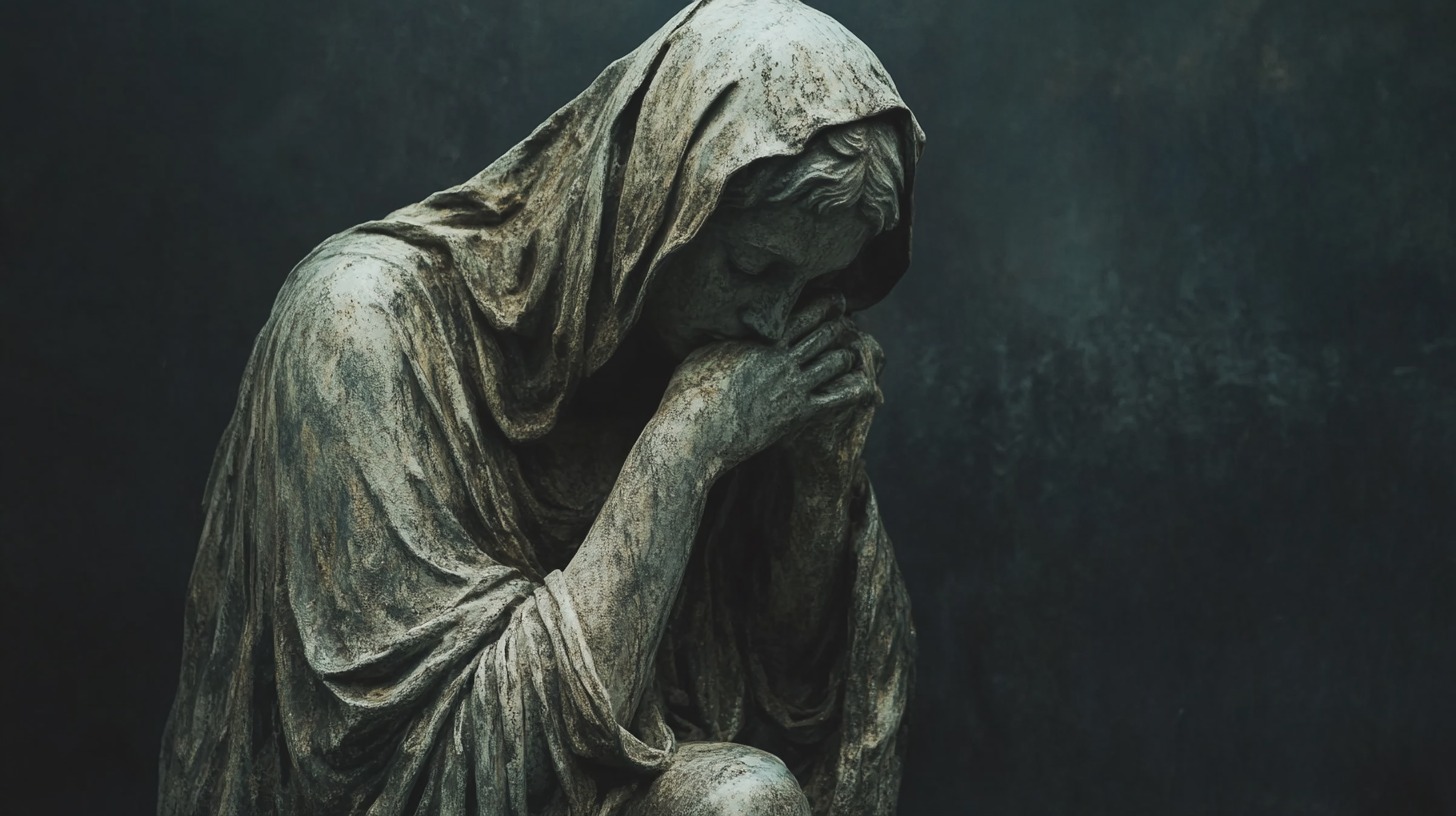 stone statue representing a mourning figure, with its head bowed and hands covering its mouth, set against a dark background, evoking feelings of sorrow and contemplation