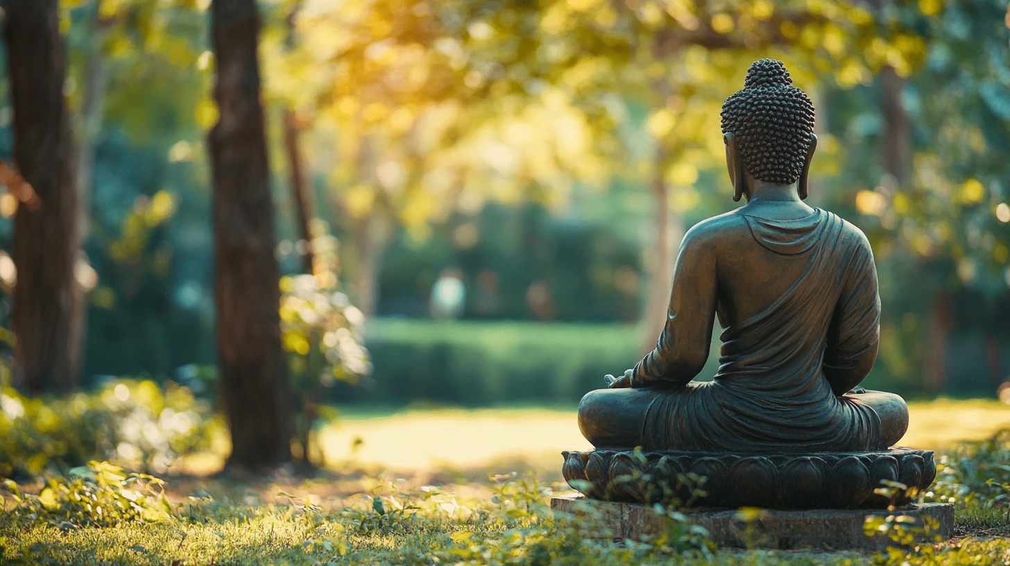 Statue of Buddha sitting in a meditative pose in a sunlit garden surrounded by trees and greenery