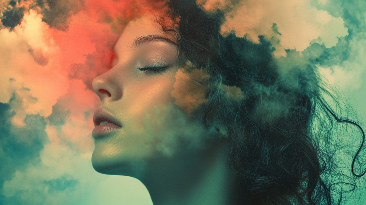 woman with curly hair and closed eyes, her profile surrounded by ethereal clouds in shades of orange and green, symbolizing introspection and intuition