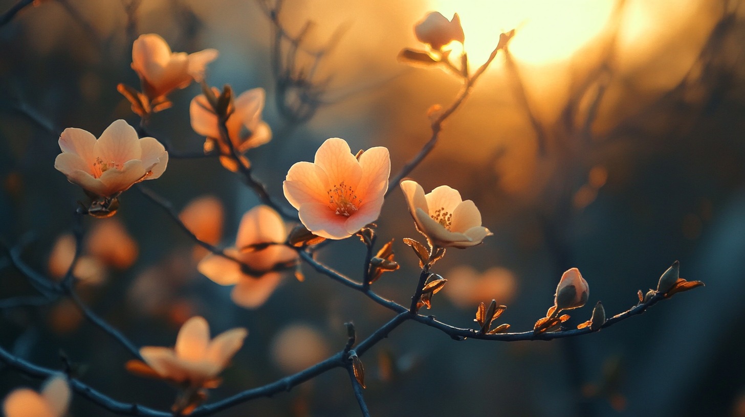 Peach-colored flowers on branches, softly illuminated by warm sunlight in the background