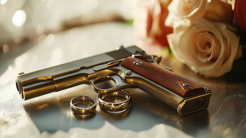 Pistol Placed Next to Two Wedding Rings