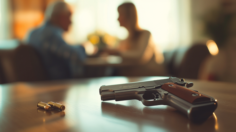 A Handgun and Bullets Lie on A Table, with A Couple Talking in The Blurred Background