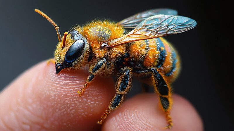 Bee perched on a human finger