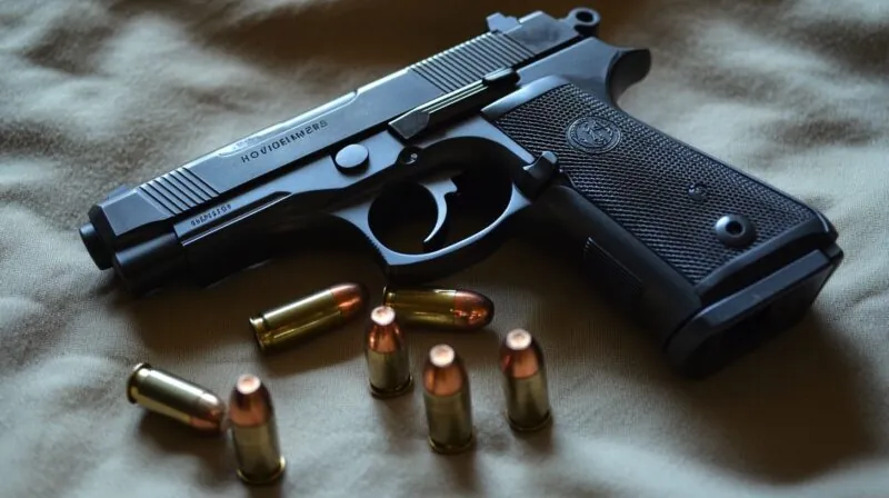 Black 9mm handgun placed on fabric with six copper-jacketed 9mm bullets arranged around it.