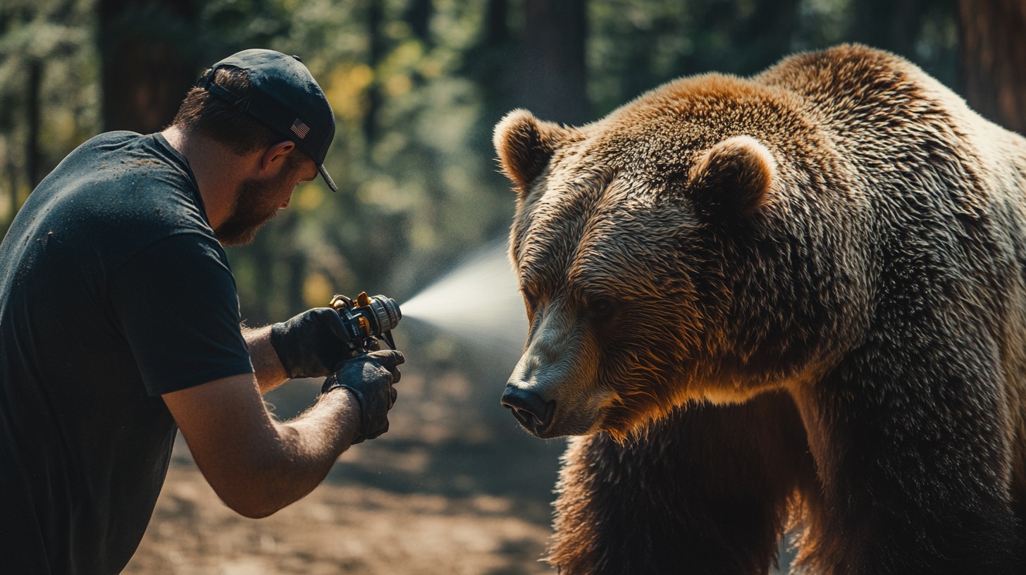 A man in outdoor gear sprays bear spray towards a large grizzly bear in a forest setting