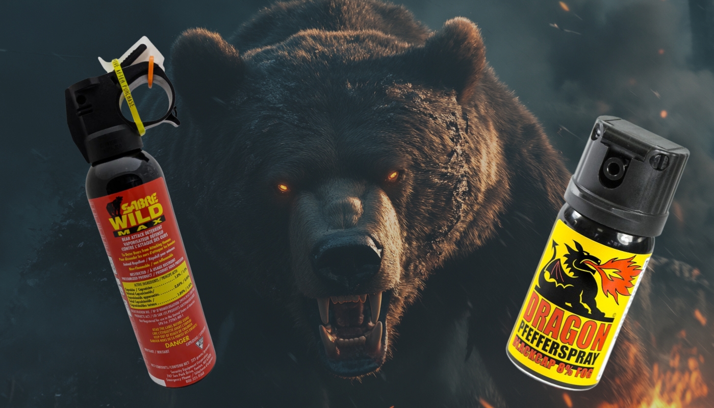 A fierce bear in the background with glowing eyes, flanked by a Sabre Wild Max bear spray canister on the left and a Dragon pepper spray canister on the right