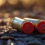 Two red 12-gauge shotgun shells lying on the ground with a blurred golden background