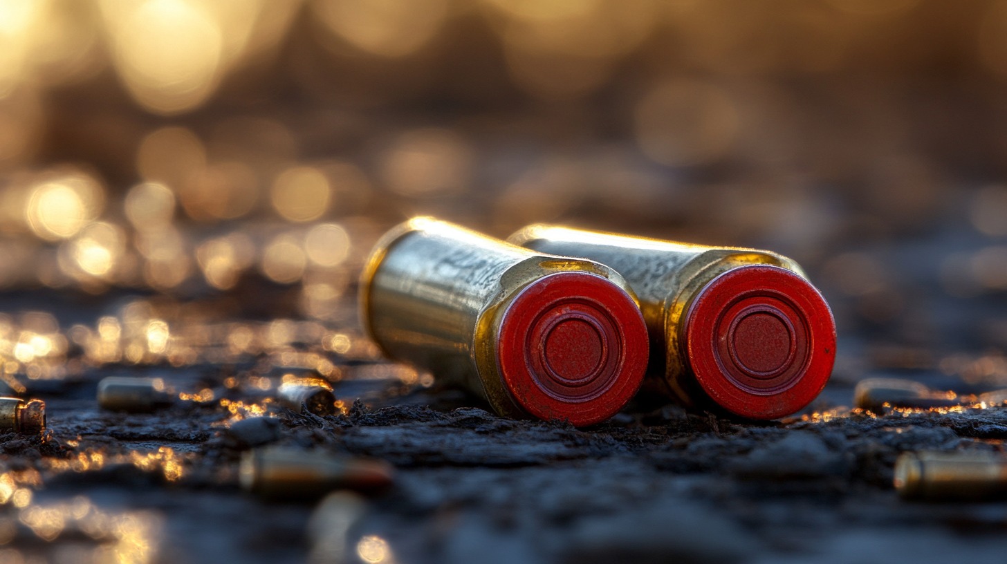 Two red 12-gauge shotgun shells lying on the ground with a blurred golden background