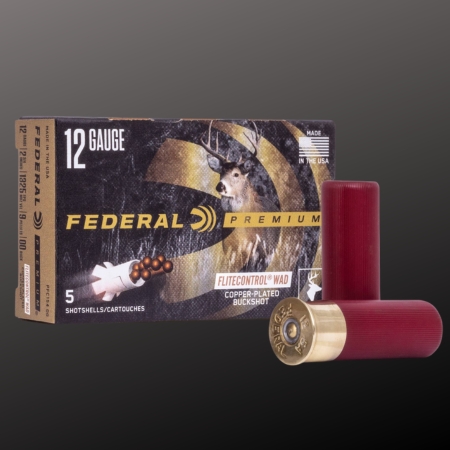 Box of Federal Premium 12-gauge FliteControl buckshot with two red shotgun shells displayed