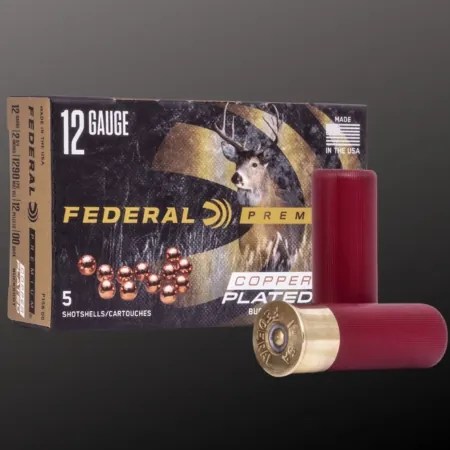 Federal Premium Copper-Plated 00 Buckshot box with two red 12-gauge shotgun shells displayed