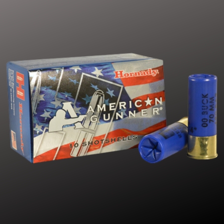 Box of Hornady American Gunner 00 buckshot with two blue shotgun shells displayed