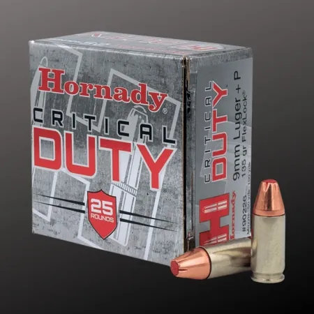 Hornady Critical Duty 9mm +P 135-grain FlexLock ammunition box with two rounds displayed