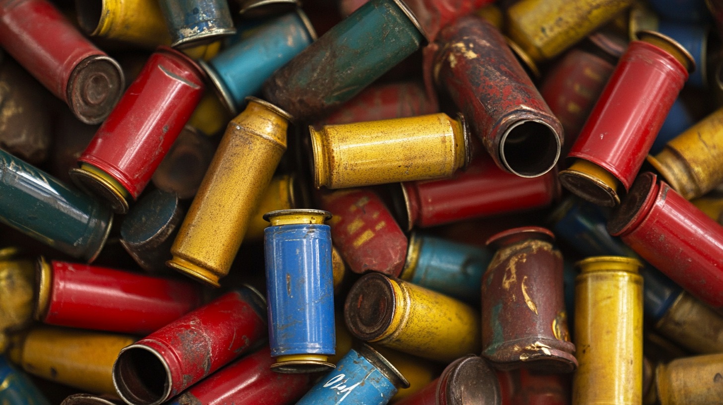 Close-up of colorful used shell casings, including red, yellow, and blue ones, piled together