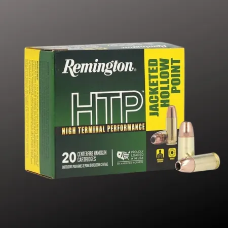 Remington HTP 9mm 147-grain JHP ammunition box with two rounds displayed