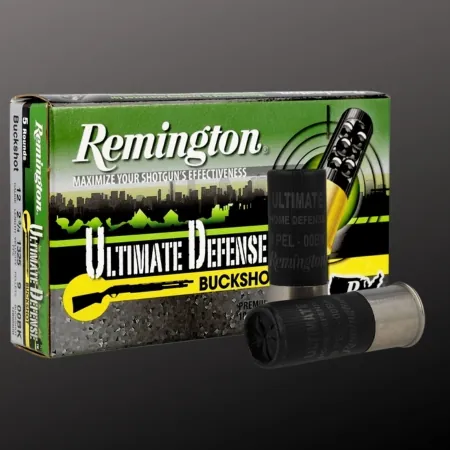 Remington Ultimate Defense 00 buckshot box with two black 12-gauge shotgun shells displayed