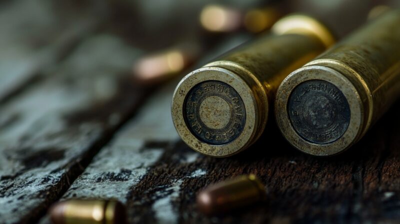 Close-up view of two shotgun shell bases resting on a wooden surface, with scattered bullets in the background