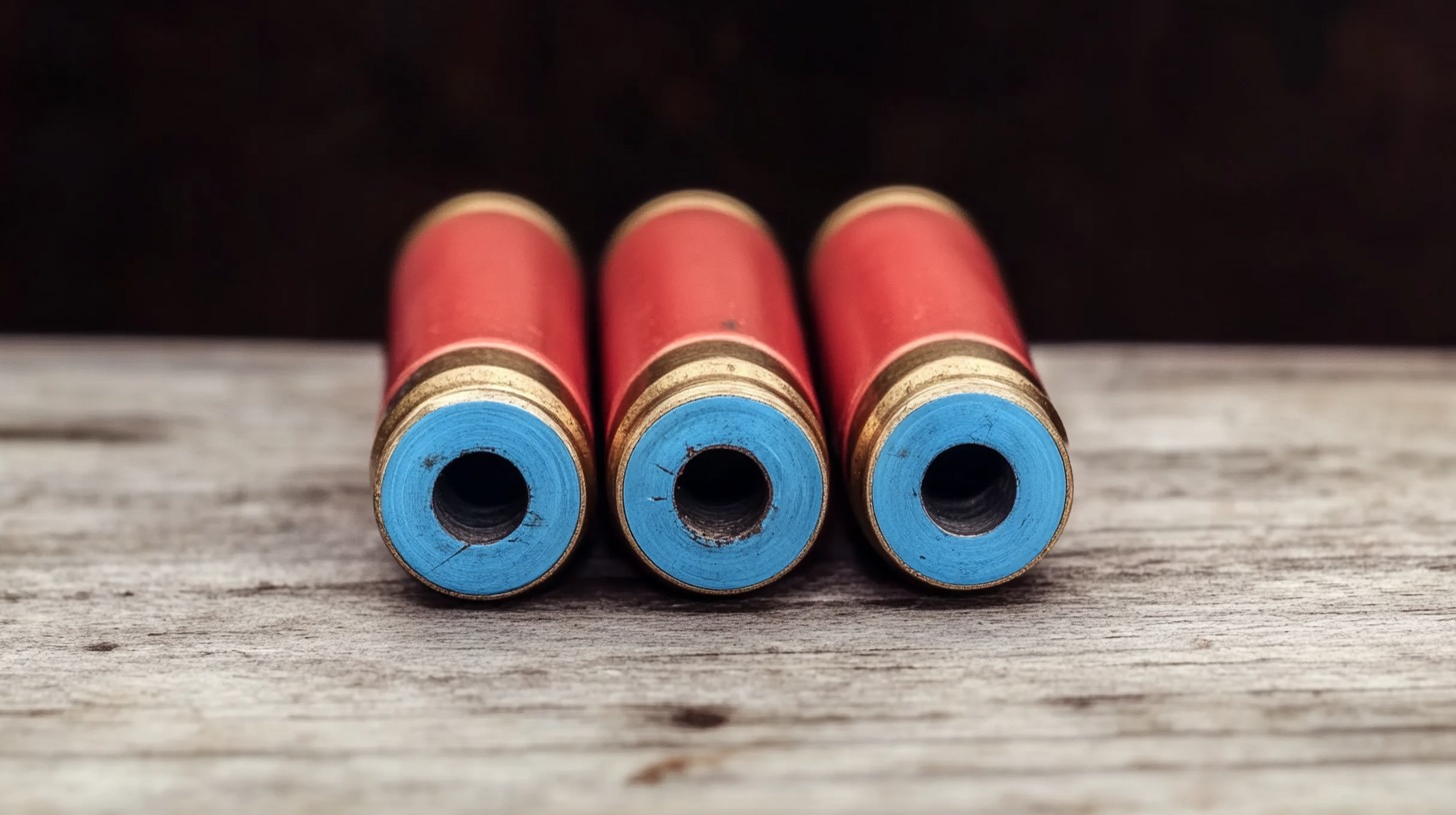 Close-up of three red shotgun shells with blue tips, aligned on a wooden surface