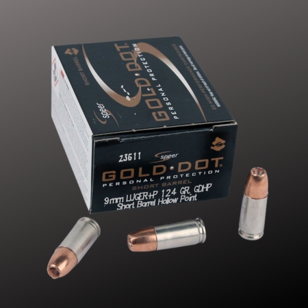 Speer Gold Dot 9mm Luger 124-grain GDHP ammunition box with three rounds displayed